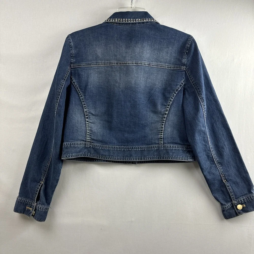 Chicos 1 Platinum Denim Jacket Womens Cropped Rhinestone Bling size Medium - Picture 6 of 12